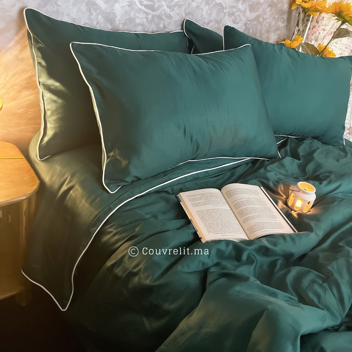 VERT ROI Avec Passepoil Blanc - Ensemble Housse de couette de Satin 100 % Cotton Ref: CV0223