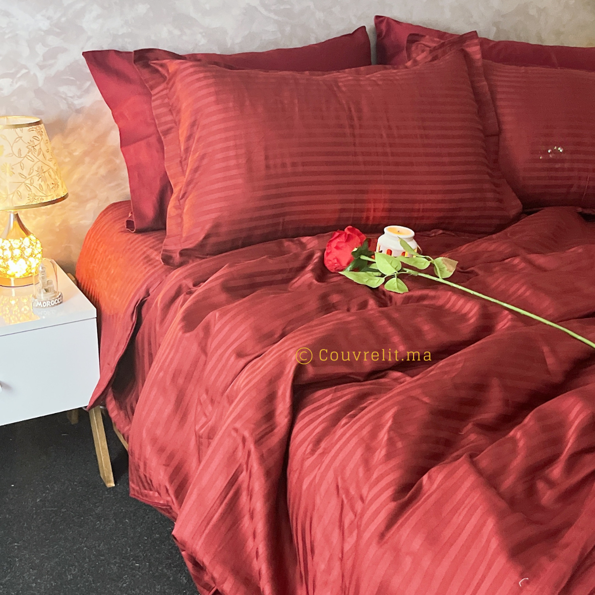 GRENAT - Ensemble Housse de couette de Satin rayé 100 % Cotton Ref: CV0224
