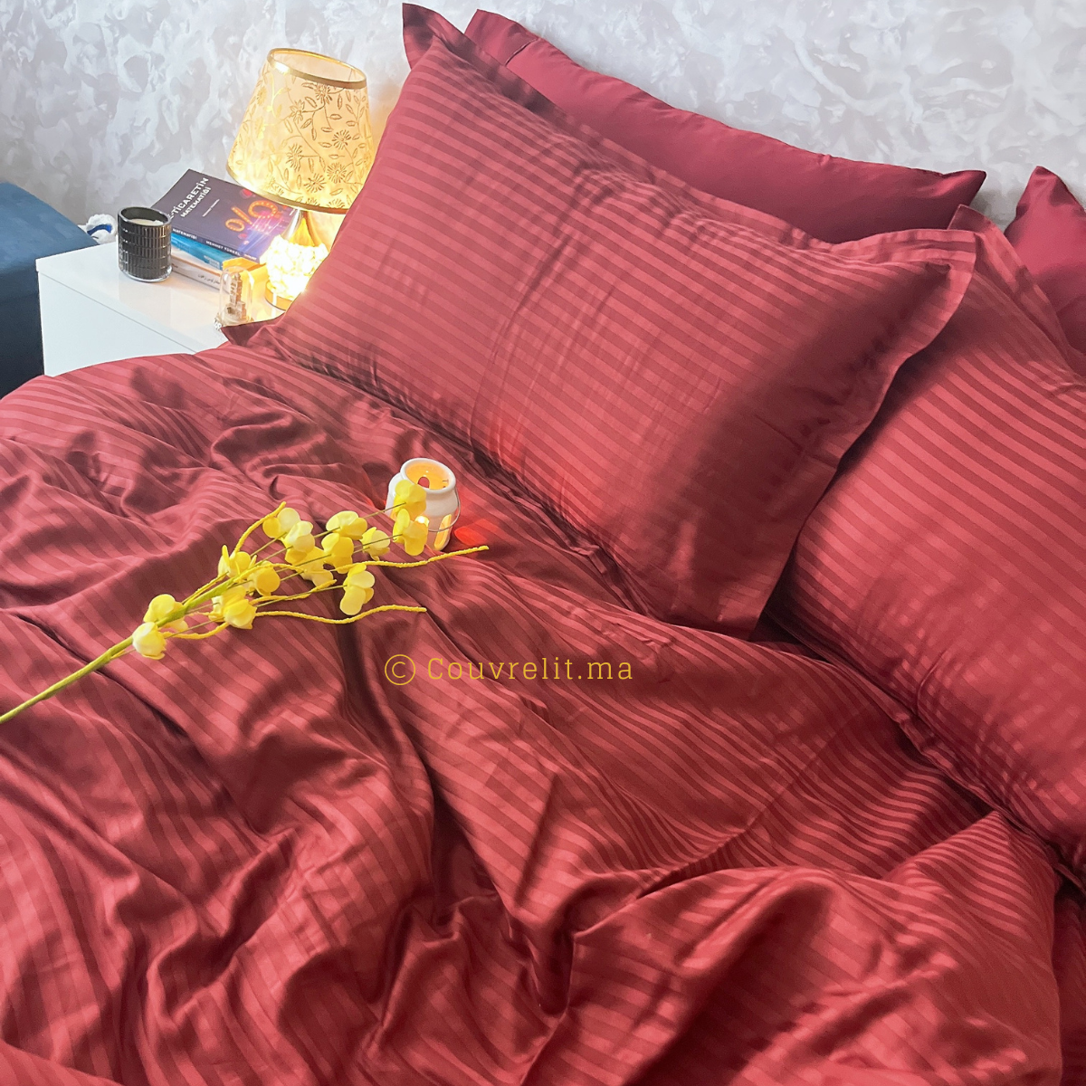 GRENAT - Ensemble Housse de couette de Satin rayé 100 % Cotton Ref: CV0224