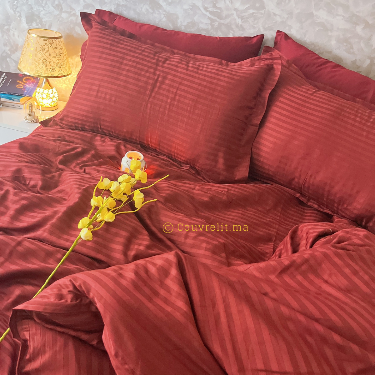 GRENAT - Ensemble Housse de couette de Satin rayé 100 % Cotton Ref: CV0224