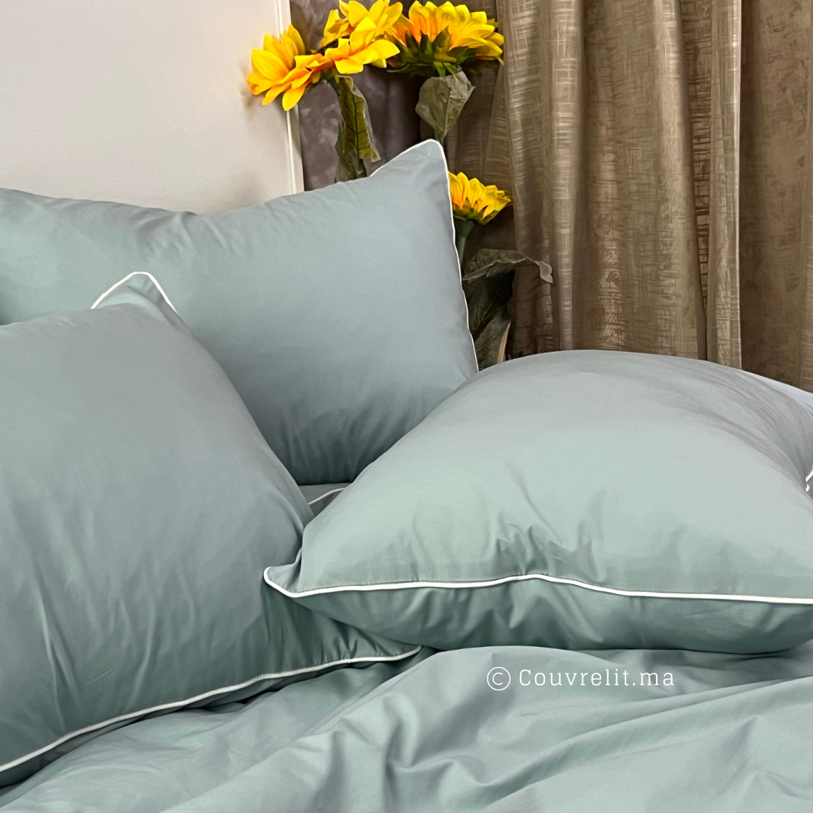 " VERT EAUX AVEC PASSEPOIL BLANC" Ensemble PERCAL 100% COTTON, REF: CVS00253