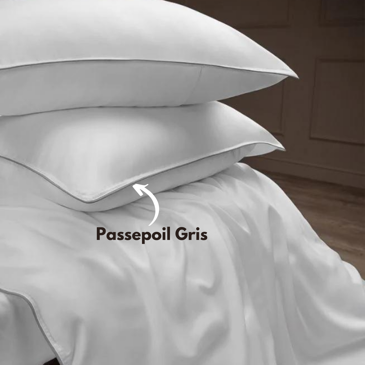 "Satin Blanc avec Passepoil Gris" Housse Couette + 2 Taie D'oreillers en SATIN 100% Cotton