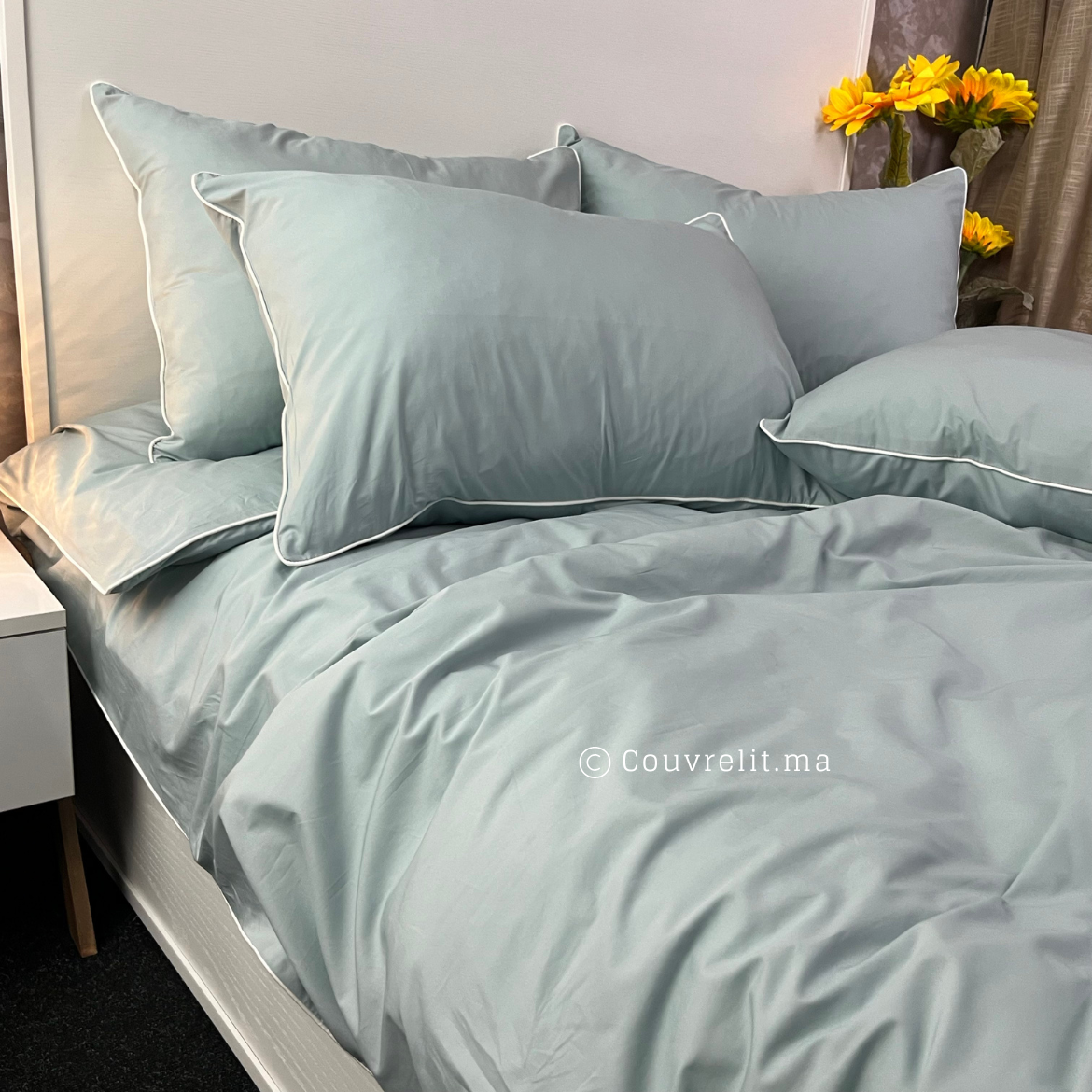 " VERT EAUX AVEC PASSEPOIL BLANC" Ensemble PERCAL 100% COTTON, REF: CVS00253