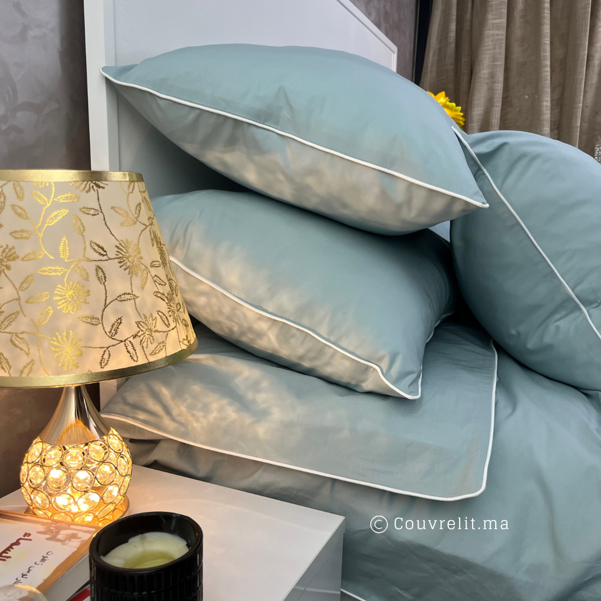 " VERT EAUX AVEC PASSEPOIL BLANC" Ensemble PERCAL 100% COTTON, REF: CVS00253
