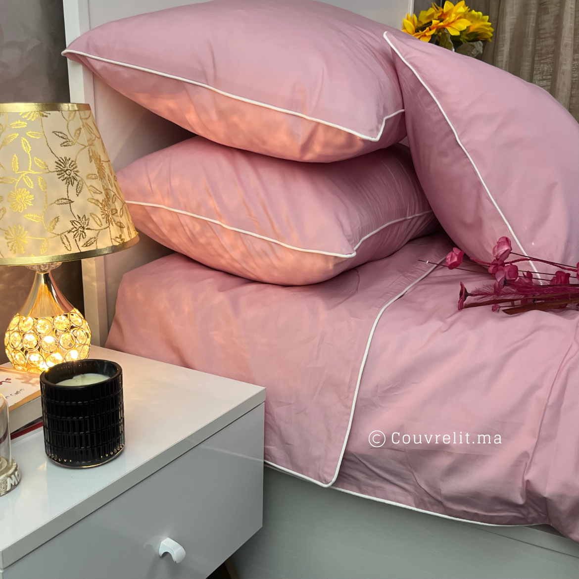 " ROSE AVEC PASSEPOIL BLANC" Ensemble PERCAL 100% COTTON, REF: CVS00252