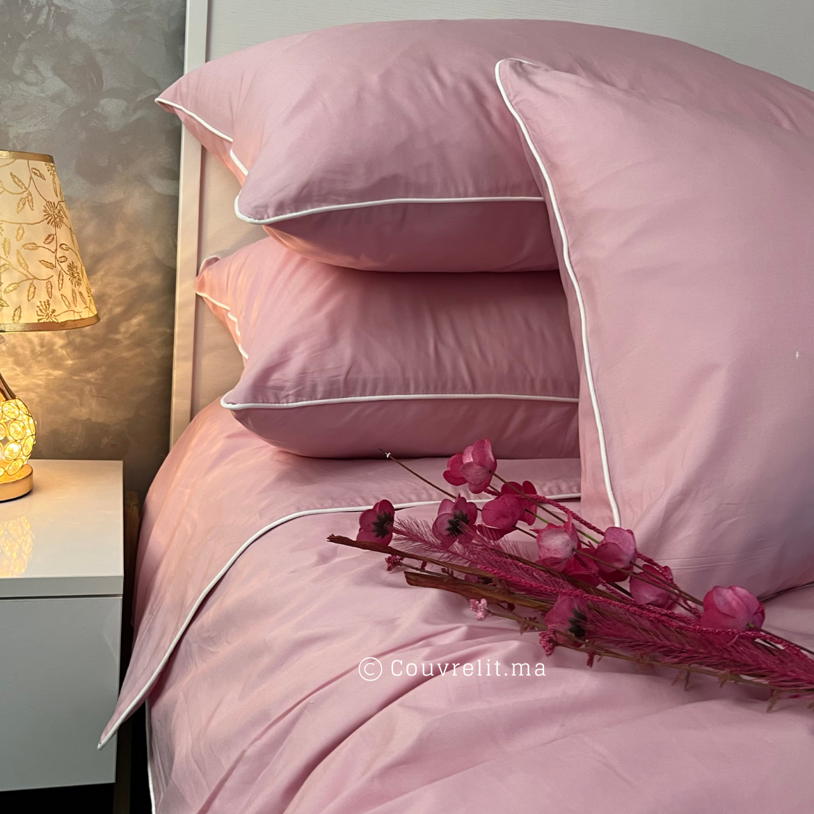 " ROSE AVEC PASSEPOIL BLANC" Ensemble PERCAL 100% COTTON, REF: CVS00252