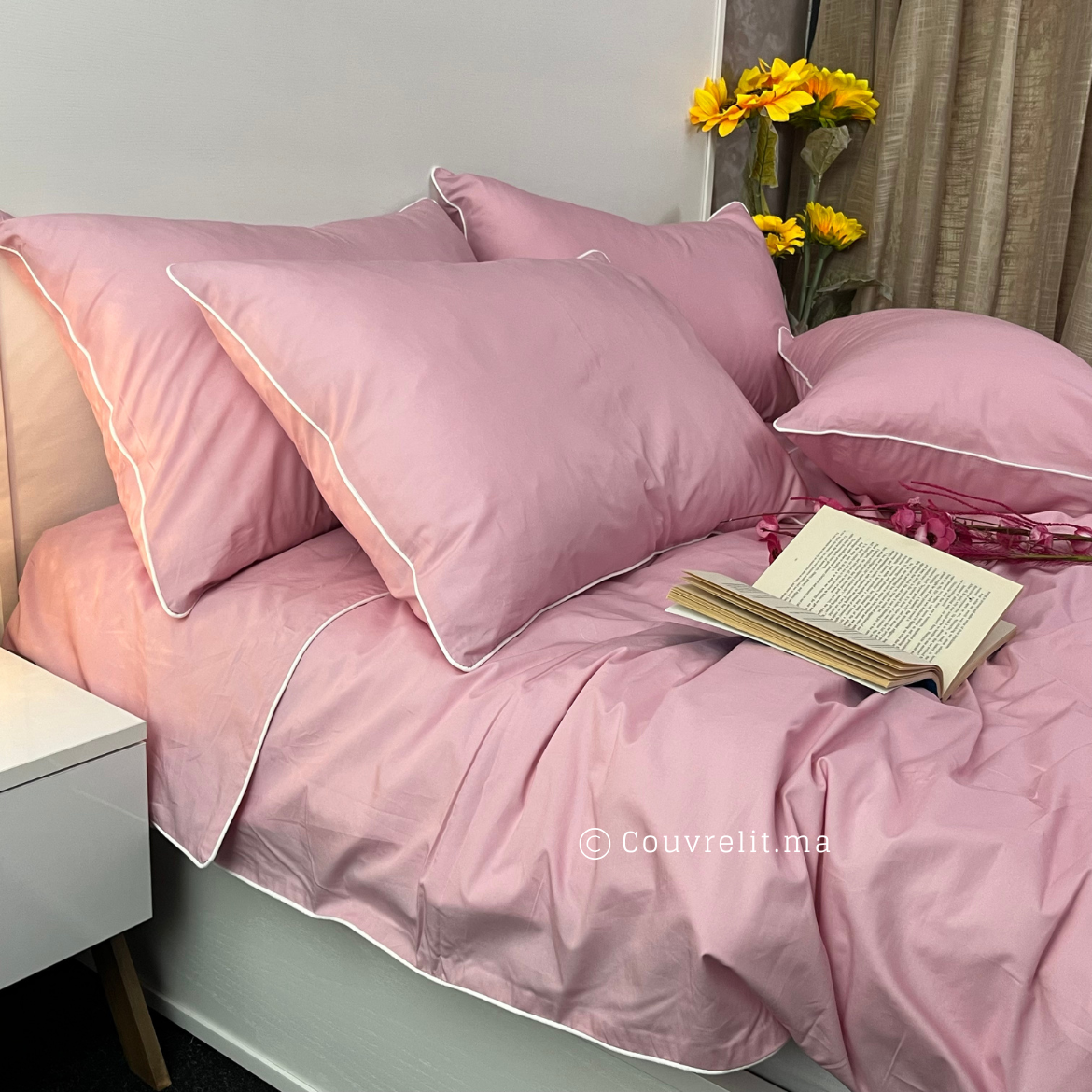 " ROSE AVEC PASSEPOIL BLANC" Ensemble PERCAL 100% COTTON, REF: CVS00252