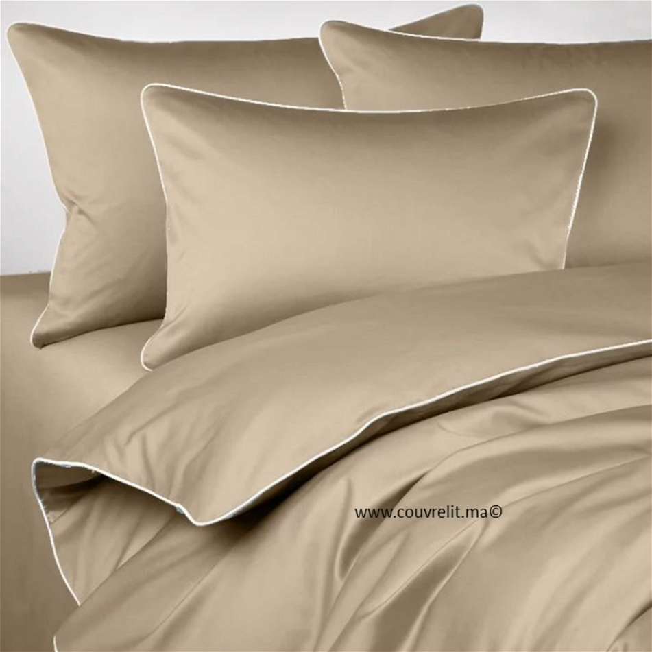 Ensemble Housse de couette Satin de Soie 100% Cotton | BEIGE Avec passepoil blanc Ref: CV0168