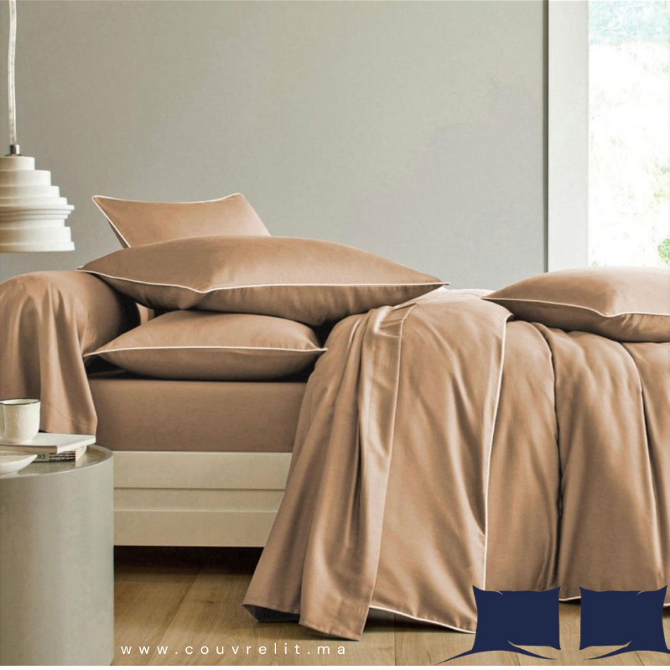 Ensemble Housse de couette Satin de Soie 100% Cotton | BEIGE Avec passepoil blanc Ref: CV0168