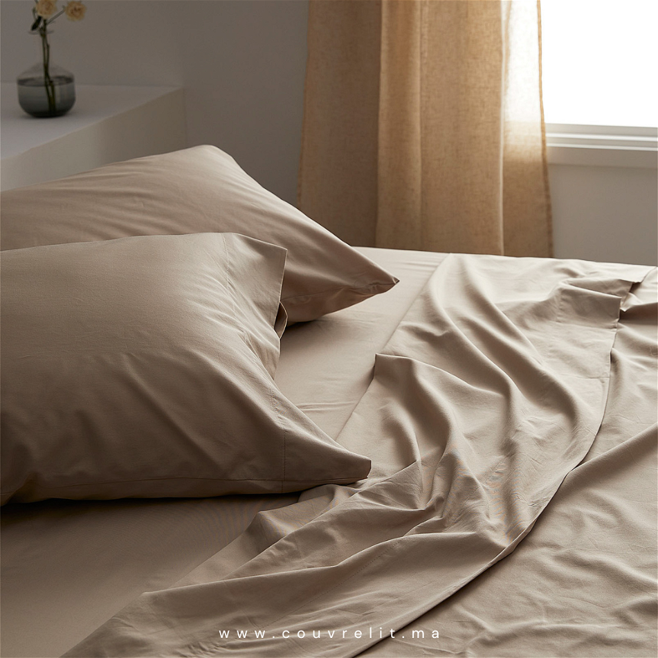 Ensemble Housse de couette Satin de Soie 100% Cotton | BEIGE Avec passepoil blanc Ref: CV0168