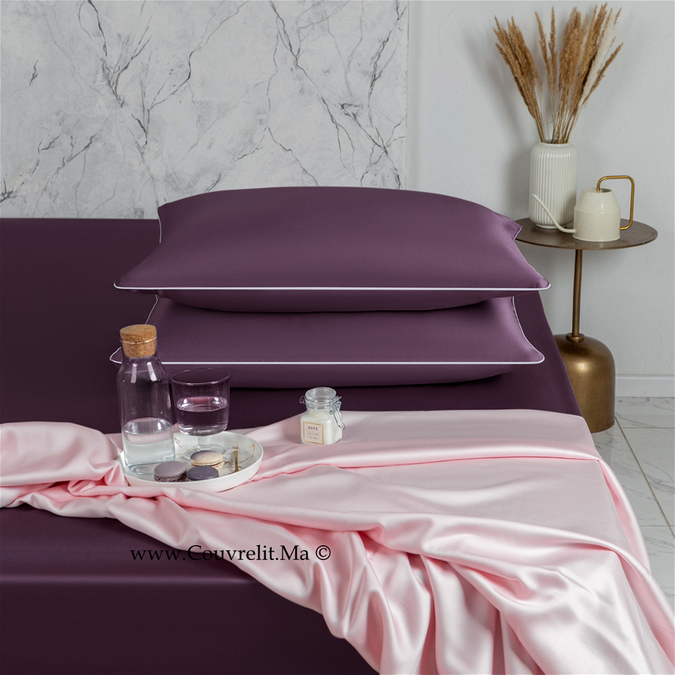 SILK Taie D'oreillers en Soie Avec Band Blanc - MAUVE