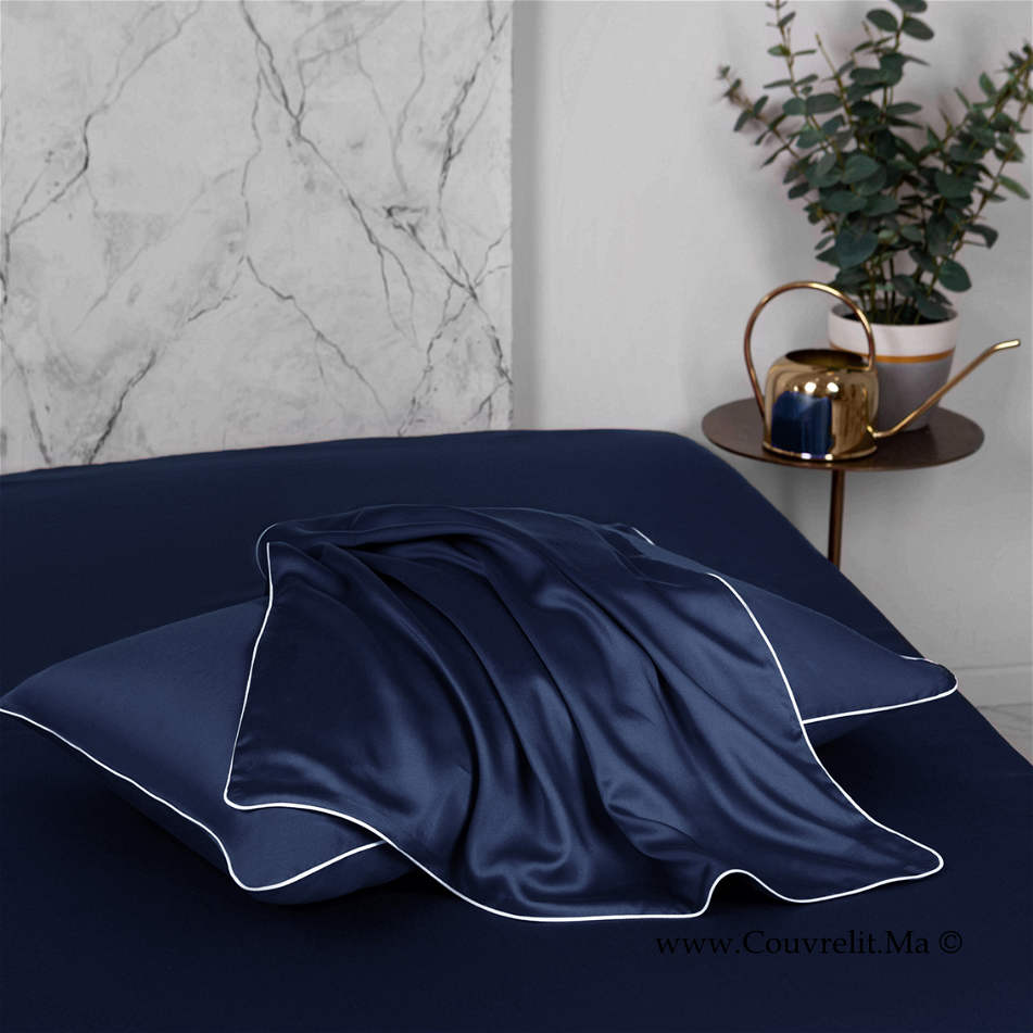 SILK Taie D'oreillers en Soie Avec Band Blanc - BLEU MARIN