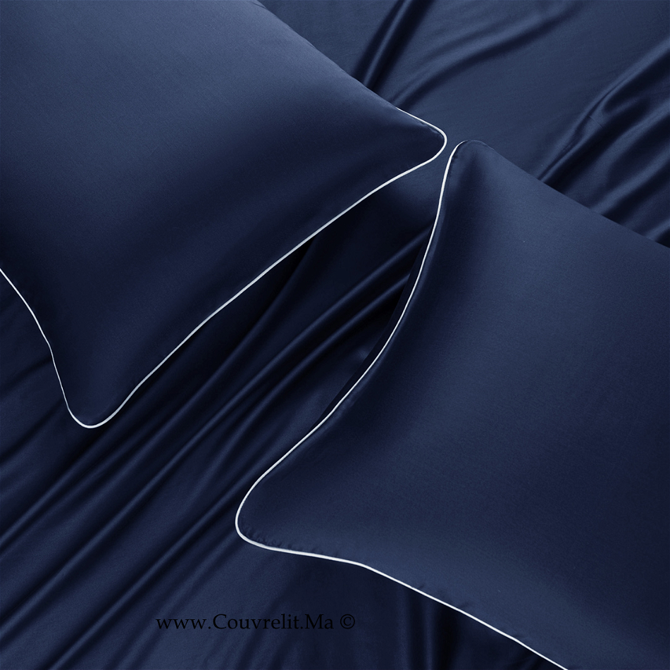 SILK Taie D'oreillers en Soie Avec Band Blanc - BLEU MARIN