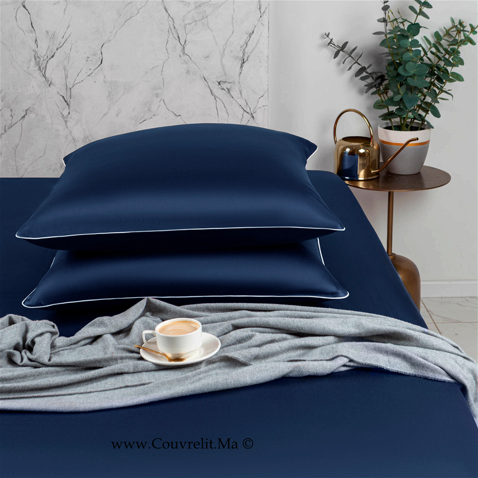 SILK Taie D'oreillers en Soie Avec Band Blanc - BLEU MARIN