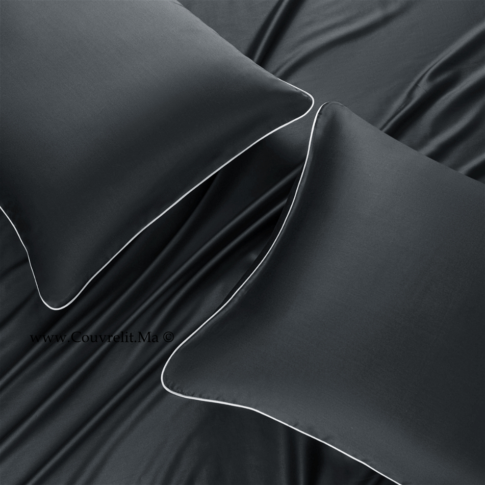 SILK Taie D'oreillers en Soie Avec Band Blanc - NOIR