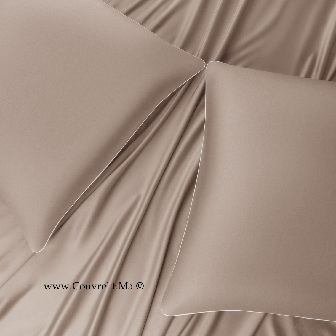 SILK Taie D'oreillers en Soie Avec Band Blanc - TAUPE