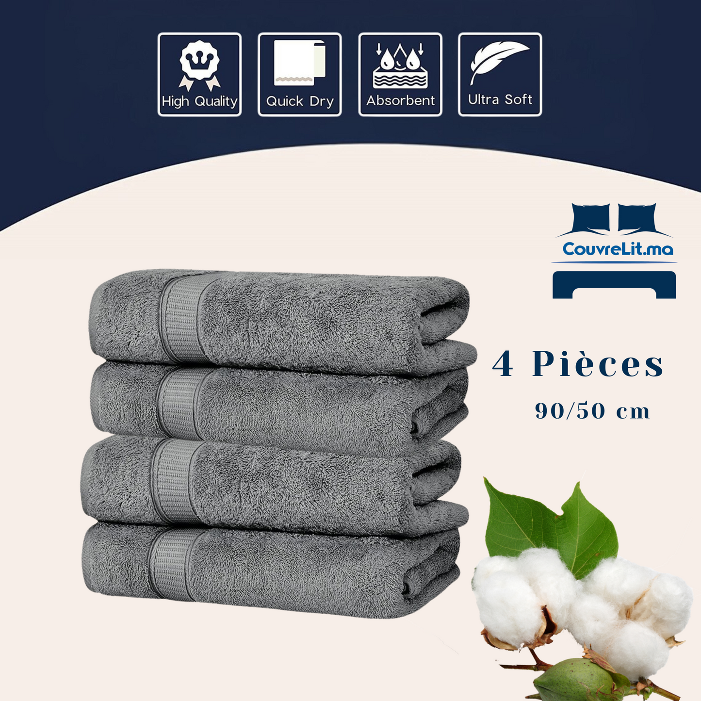 Lot de 4 Serviettes Gris de Qualité Supérieure – 90x50 cm