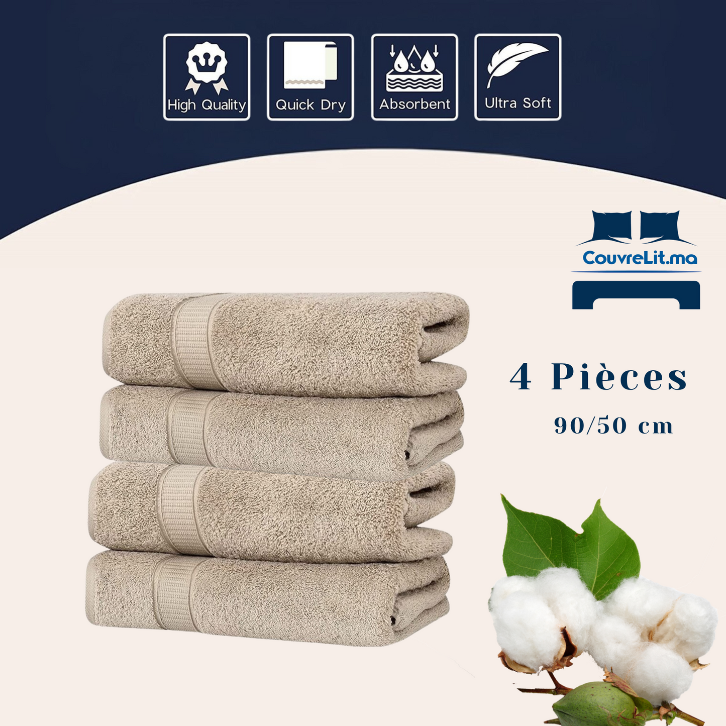 Lot de 4 Serviettes Beige de Qualité Supérieure – 90x50 cm