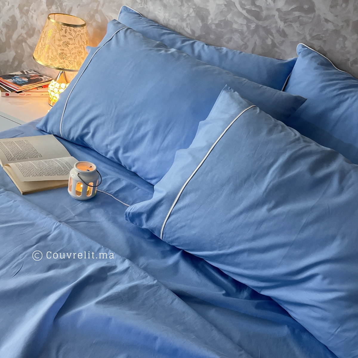 Ensemble Parure de lit 100% Cotton, 6 Pièces en Cotton ref :CVS0225 Bleu Ciel