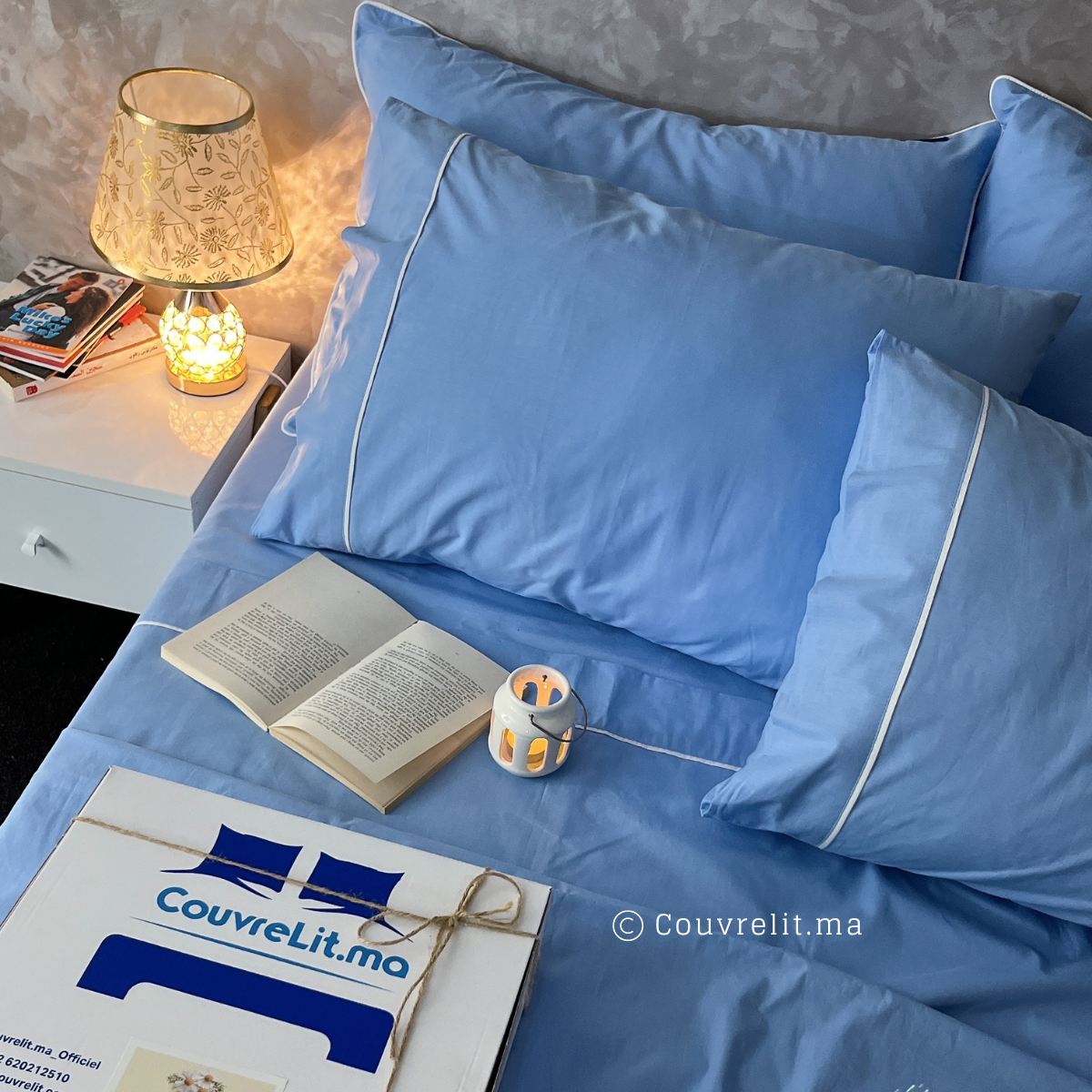 Ensemble Parure de lit 100% Cotton, 6 Pièces en Cotton ref :CVS0225 Bleu Ciel