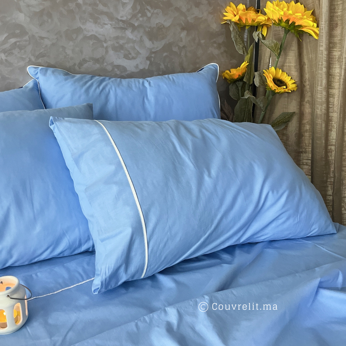 Ensemble Parure de lit 100% Cotton, 6 Pièces en Cotton ref :CVS0225 Bleu Ciel