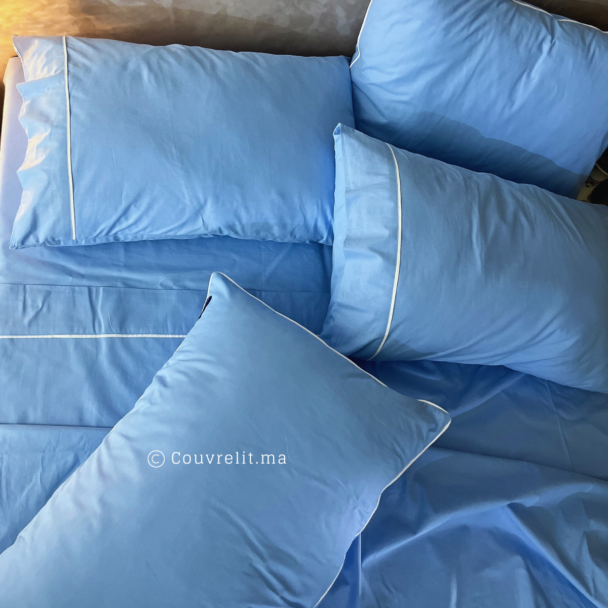 Ensemble Parure de lit 100% Cotton, 6 Pièces en Cotton ref :CVS0225 Bleu Ciel