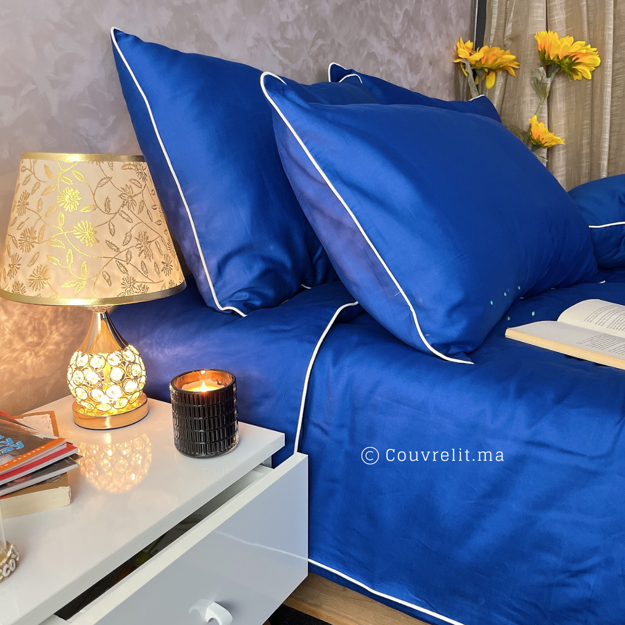 BLEU ROI Avec Passepoil Blanc - Ensemble Housse de couette de Satin 100 % Cotton Ref: CV0223
