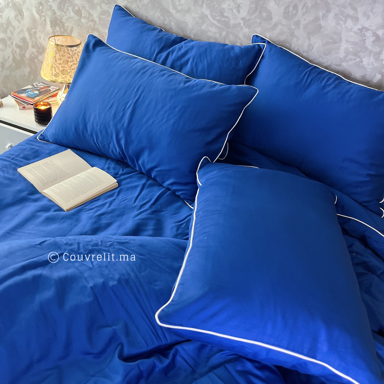 BLEU ROI Avec Passepoil Blanc - Ensemble Housse de couette de Satin 100 % Cotton Ref: CV0223