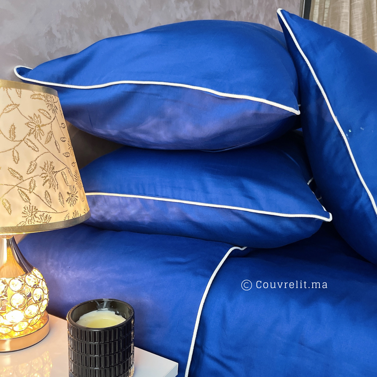 BLEU ROI Avec Passepoil Blanc - Ensemble Housse de couette de Satin 100 % Cotton Ref: CV0223