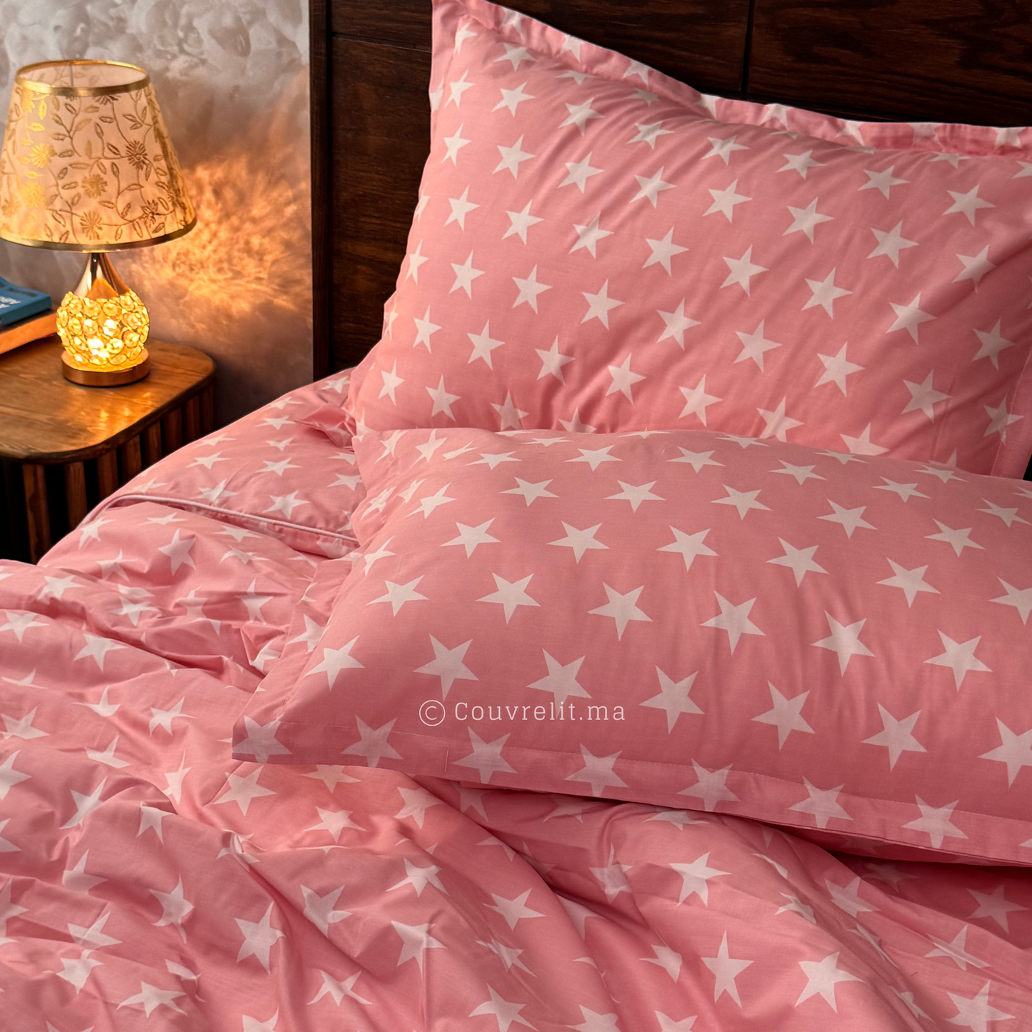 "Étoiles Roses" Parure de Lit Couverlit, pack complet pour lit 1 place REF: CVK00287