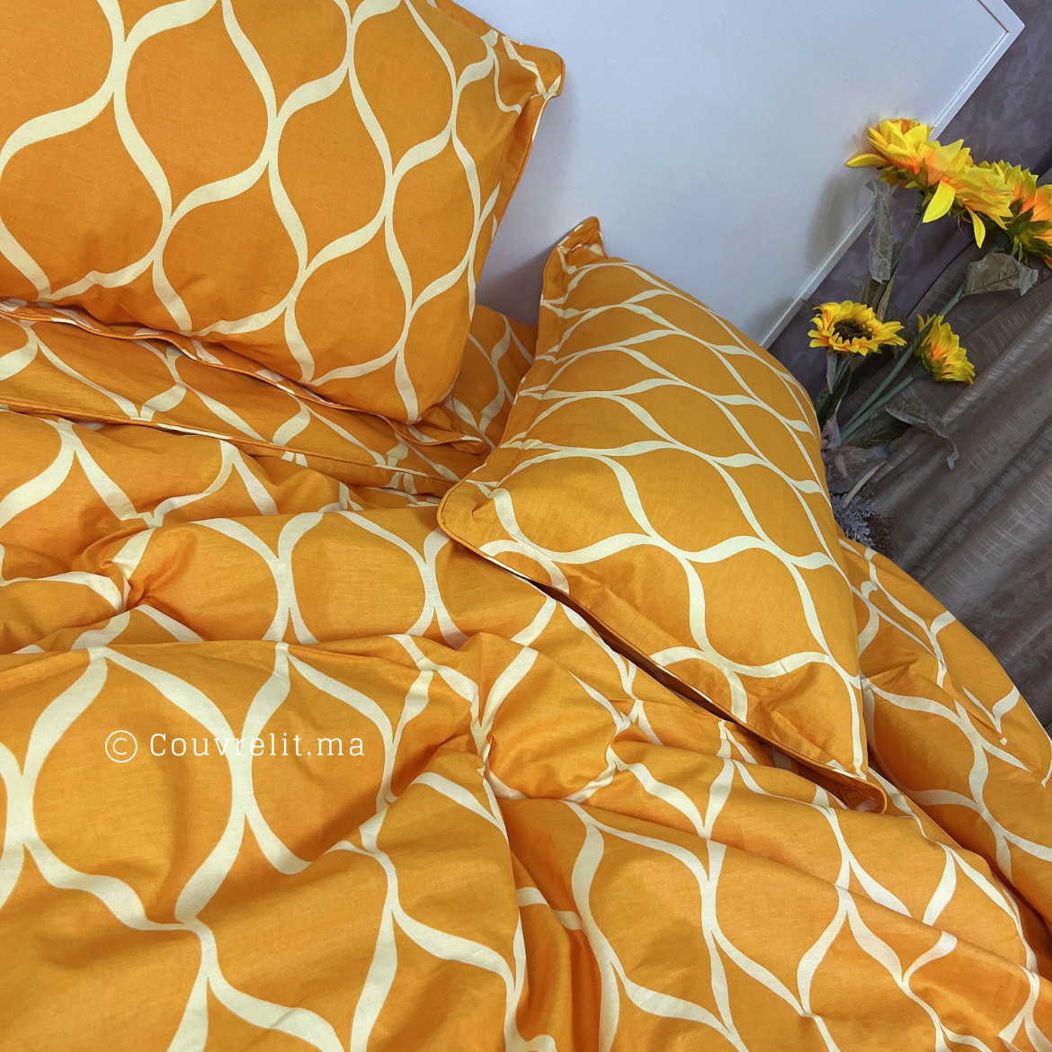 "Flots ORANGE" Ensemble Housse de Couette en 100% COTTON Ref: CVM0245