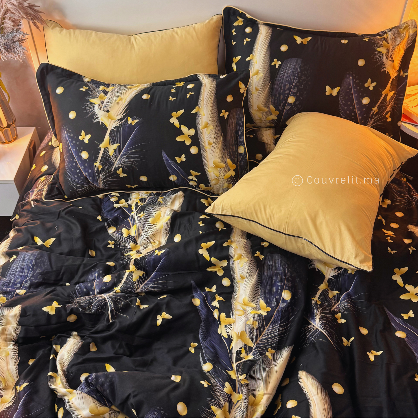 "Plumes d’Or" Ensemble parure Satin motif 100% coton REF: SAT00335