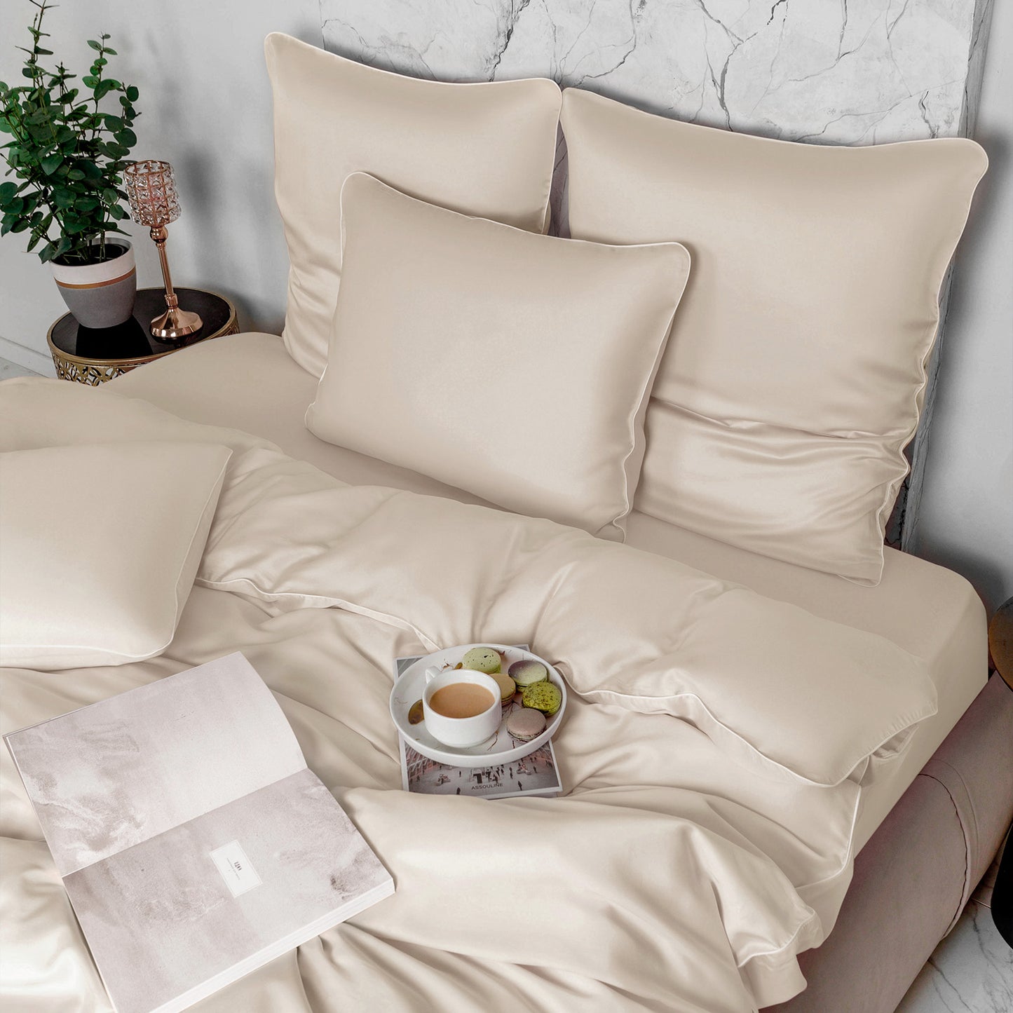 Ensemble SATIN 100 % Cotton Ref: CV0171 Blanc cassé Avec Passepoil blanc