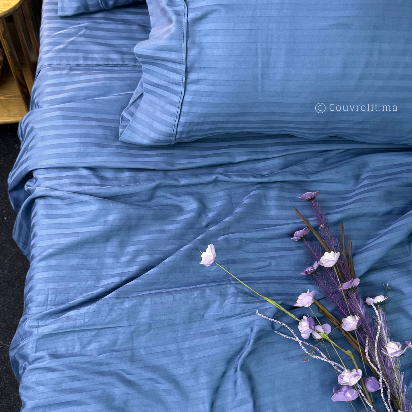 "Bleu indigo" Ensemble D'été, Satin Rayé 100% Cotton, 4 Pièces Ref :CVS0230