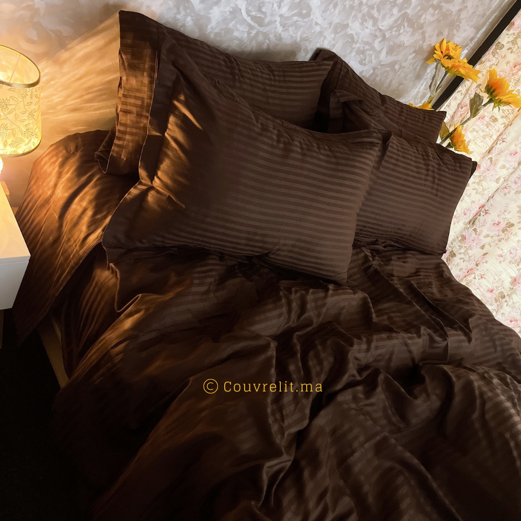 "Marron Café" Ensemble de Lux en Satin rayé 100% COTTON REF: CV0222