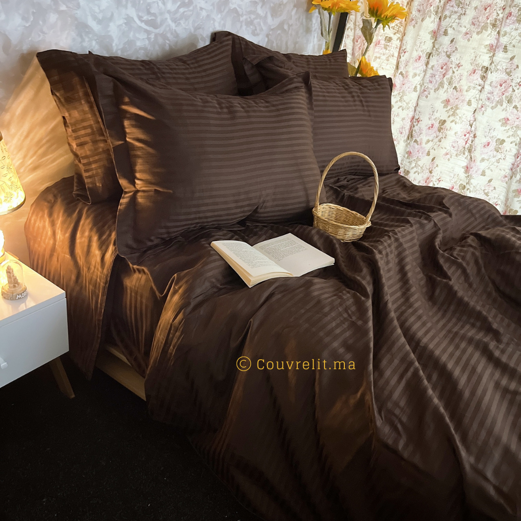 "Marron Café" Ensemble de Lux en Satin rayé 100% COTTON REF: CV0222