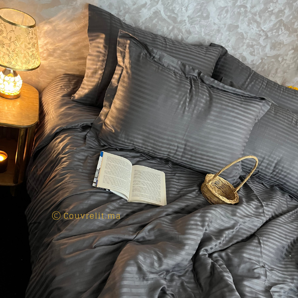 ''GRIS ARDOISE'' ensemble de Lux en Satin rayé 100% COTTON - REF: CV0221