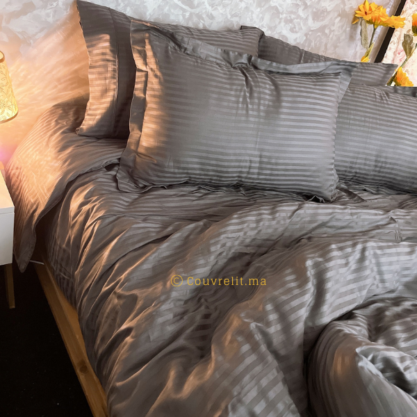 ''GRIS ARDOISE'' ensemble de Lux en Satin rayé 100% COTTON - REF: CV0221