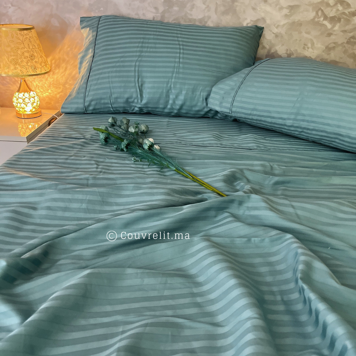 "TURQUOISE" Ensemble D'été, Satin Rayé 100% Cotton, 4 Pièces Ref :CVS0230