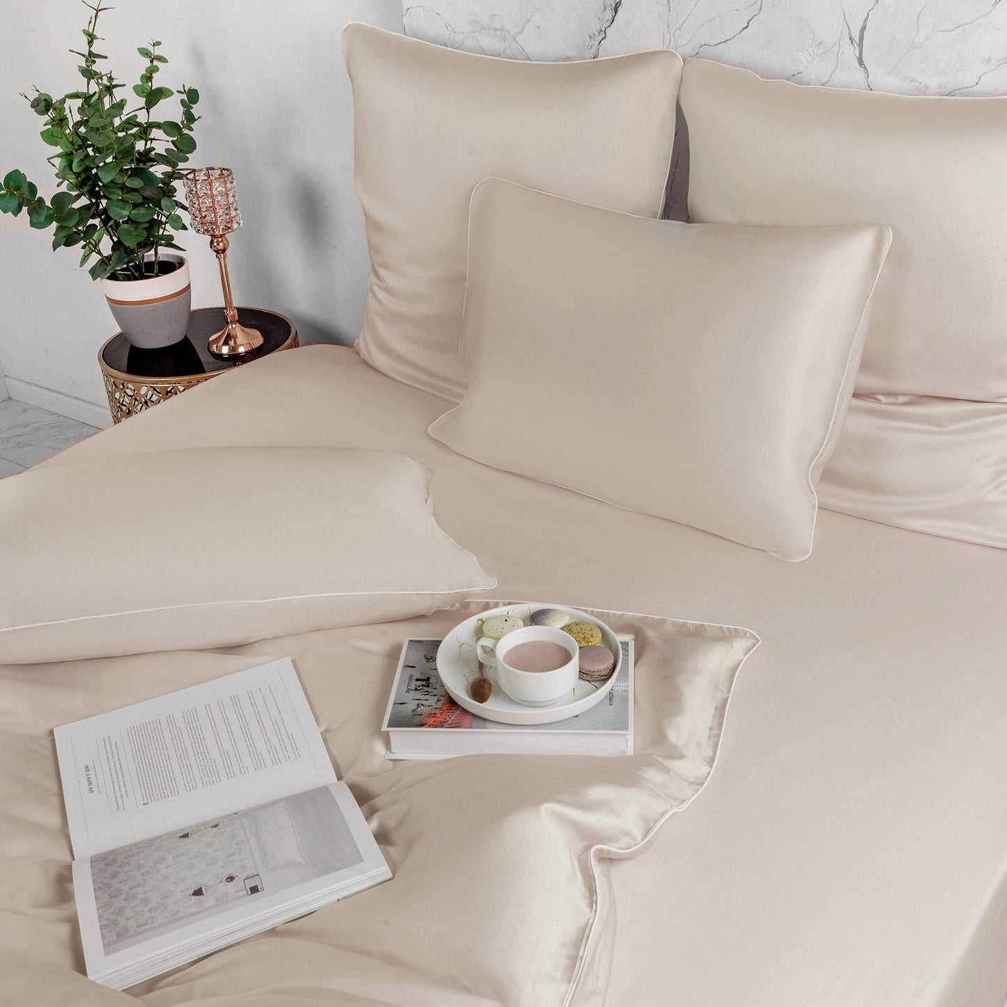 Ensemble SATIN 100 % Cotton Ref: CV0171 Blanc cassé Avec Passepoil blanc