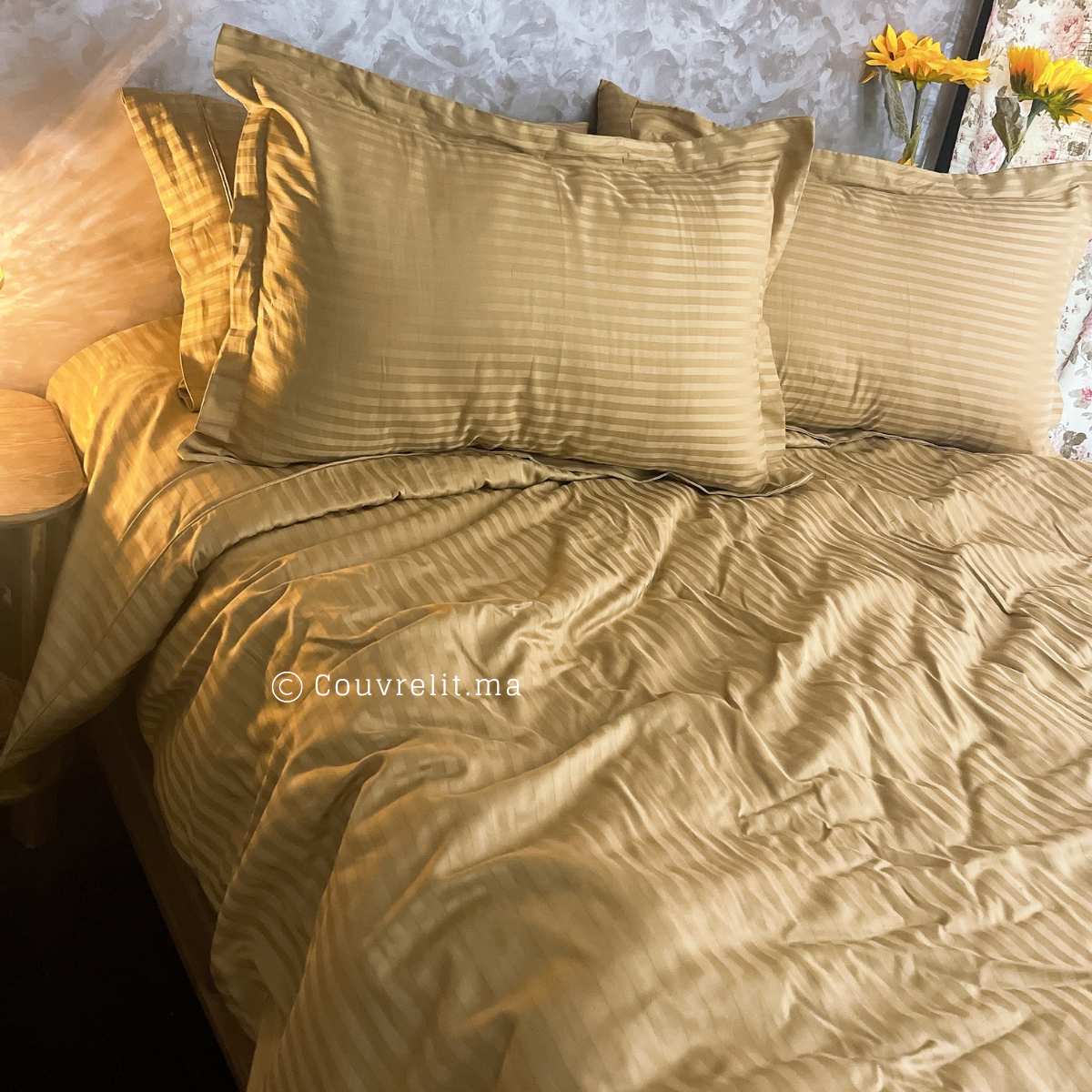MOUTARDE - Ensemble Housse de couette de Satin rayé 100 % Cotton Ref: CV0222