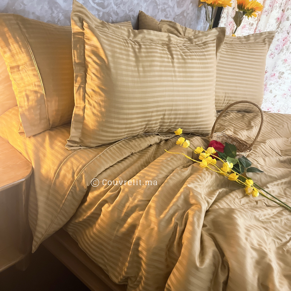 MOUTARDE - Ensemble Housse de couette de Satin rayé 100 % Cotton Ref: CV0222