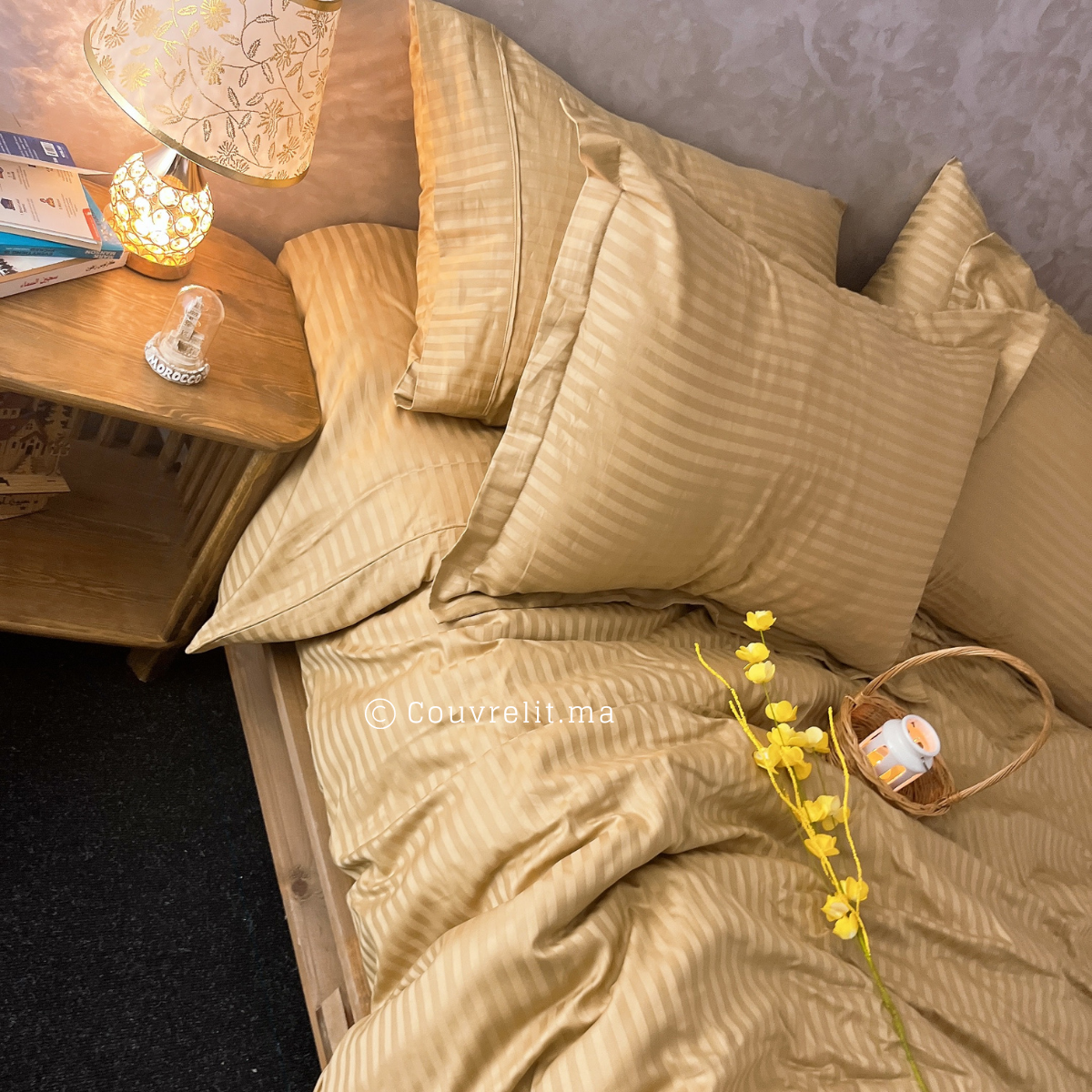 MOUTARDE - Ensemble Housse de couette de Satin rayé 100 % Cotton Ref: CV0222