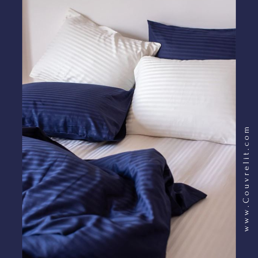 "Éclat de Satin en Coton" - Ensemble Satin Rayé 100% Cotton "Bleu Marin-Blanc Cassé" Ref: CVS0216