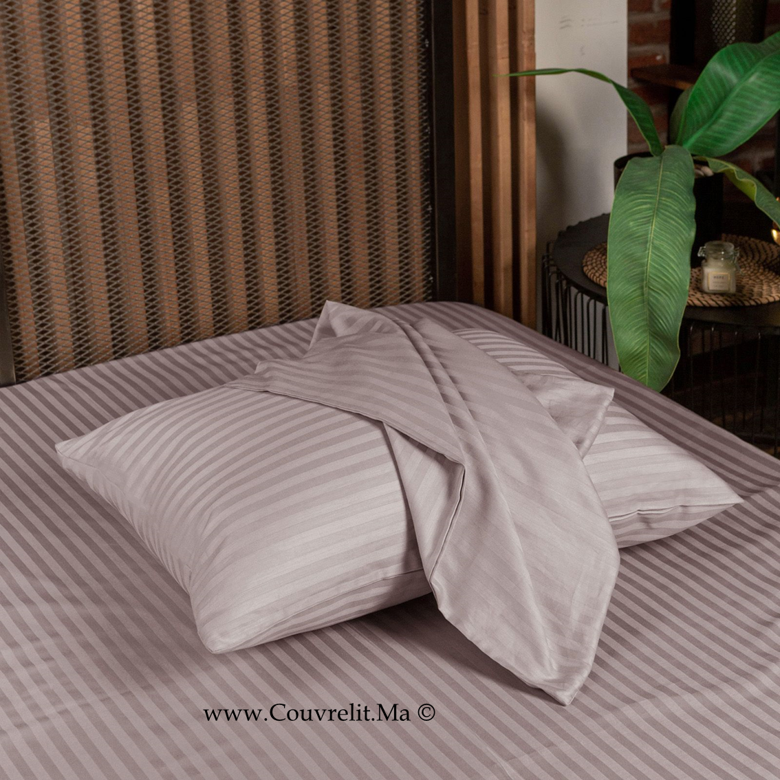 TAUPE - Ensemble Housse de couette de Satin rayé 100 % Cotton Ref: CV0170