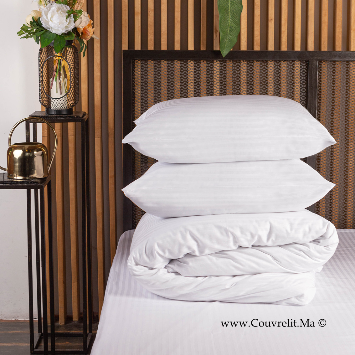 BLANC - Ensemble Housse de couette de Satin rayé 100 % Cotton Ref: CV0170