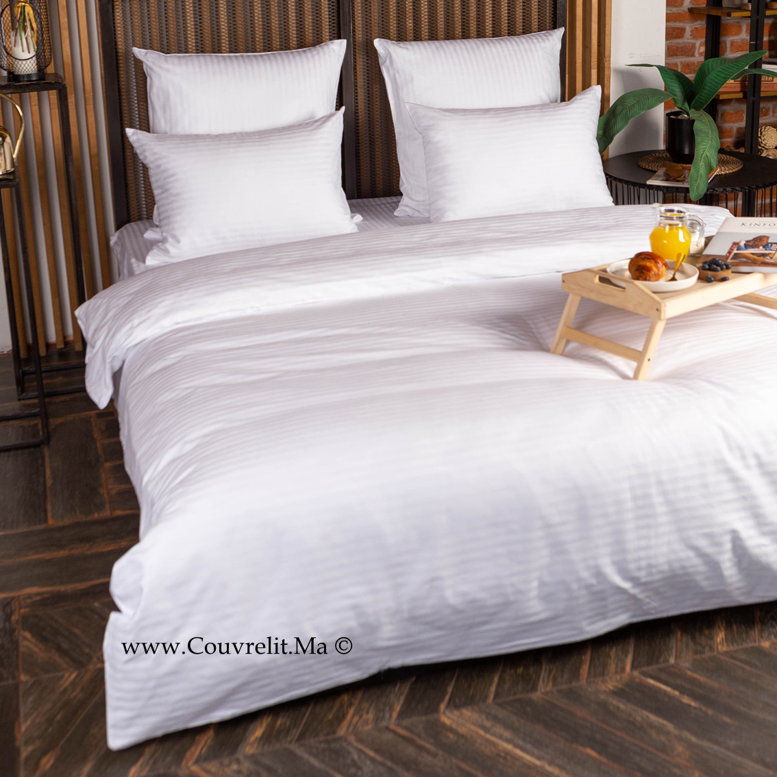 BLANC - Ensemble Housse de couette de Satin rayé 100 % Cotton Ref: CV0170
