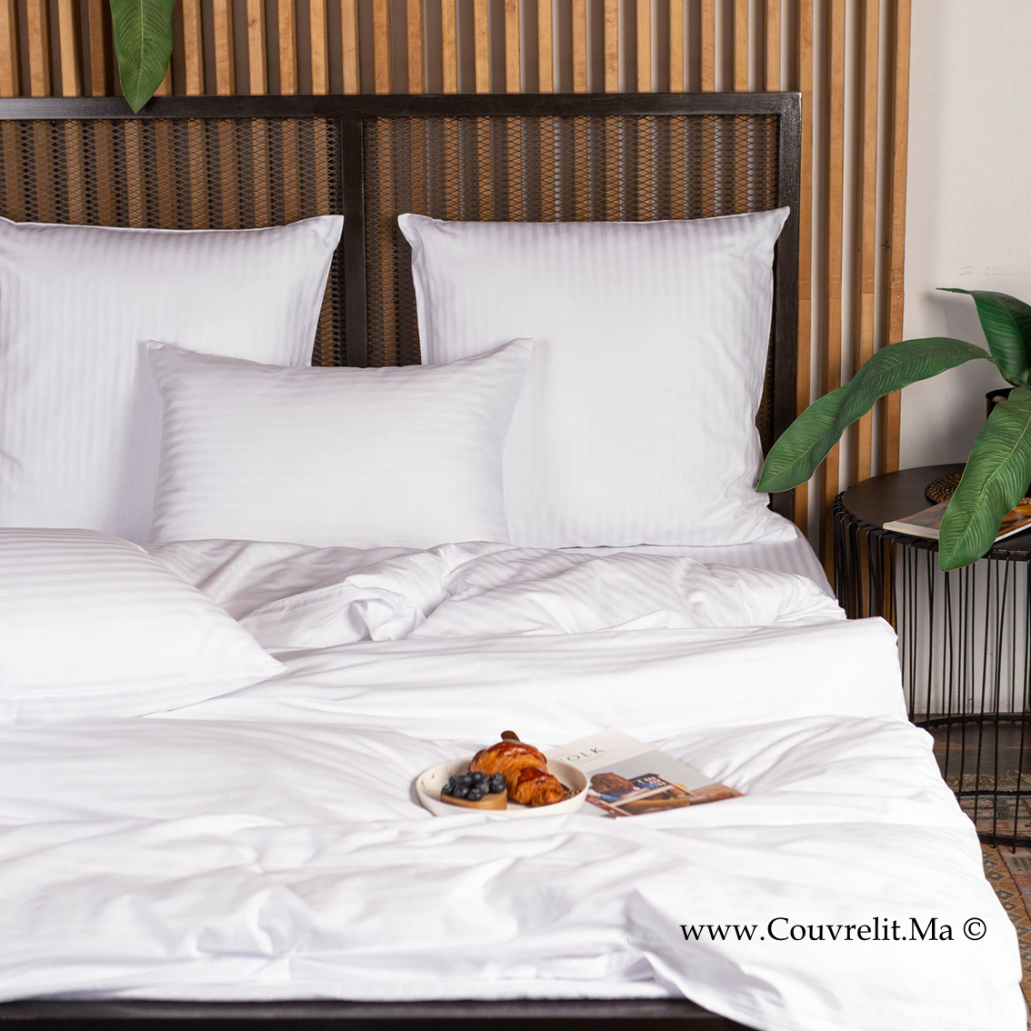 BLANC - Ensemble Housse de couette de Satin rayé 100 % Cotton Ref: CV0170
