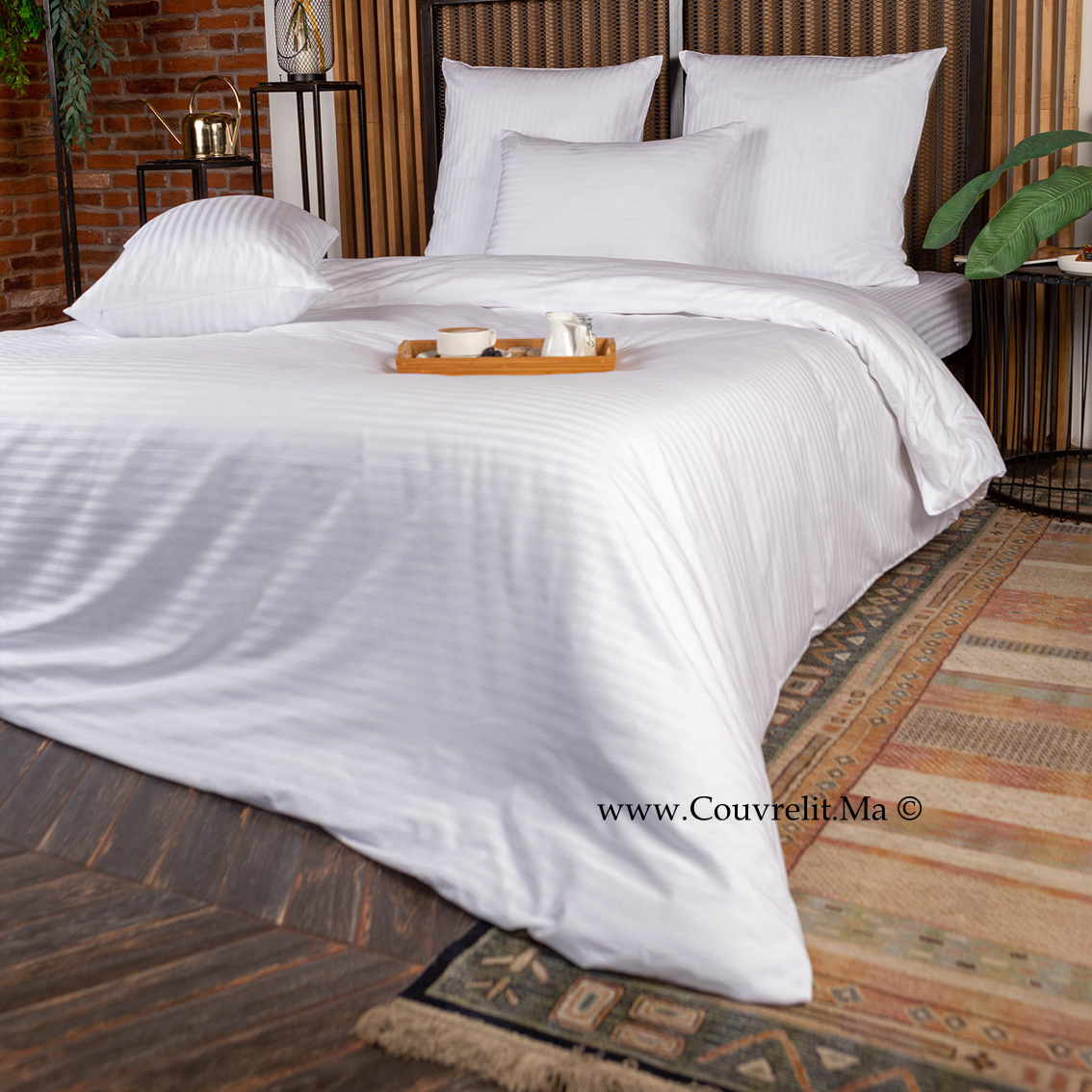 BLANC - Ensemble Housse de couette de Satin rayé 100 % Cotton Ref: CV0170