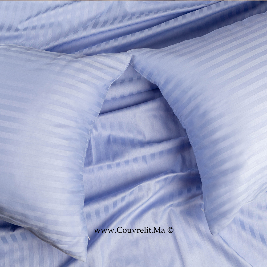 BLEU CIEL Ensemble Housse de couette de Satin rayé 100 % Cotton Ref: CV0170